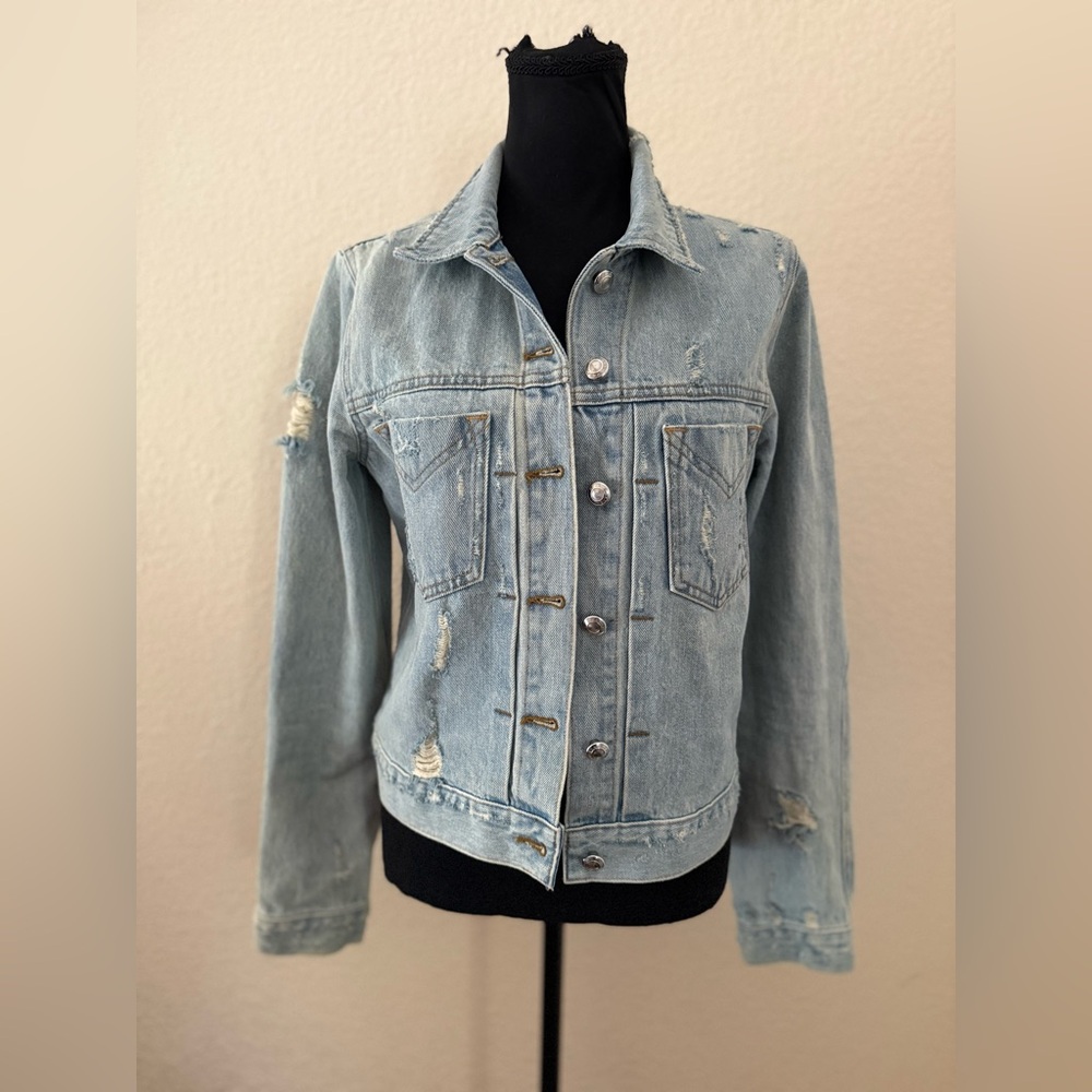 DEREK LAM 10 CROSBY Nico Distressed Cropped Jean Light Wash Jacket Medium (6)